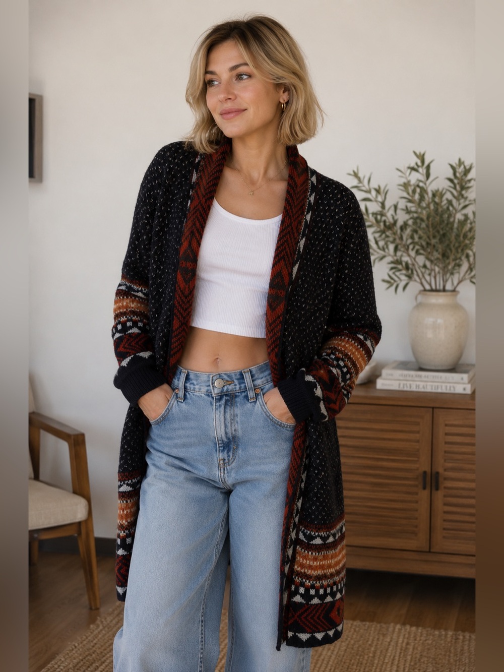 Natural Reflections Black Cardigan with Rust and Cream Aztec Trim
